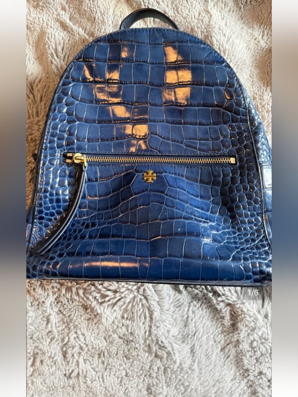 Tory Burch Navy Croc-Embossed Leather Backpack